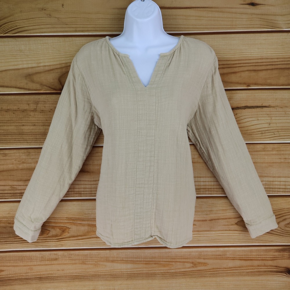 Soft Surroundings Blouse Long Sleeves Womens Size PL‎ Brown 100% Cotton V-Neck